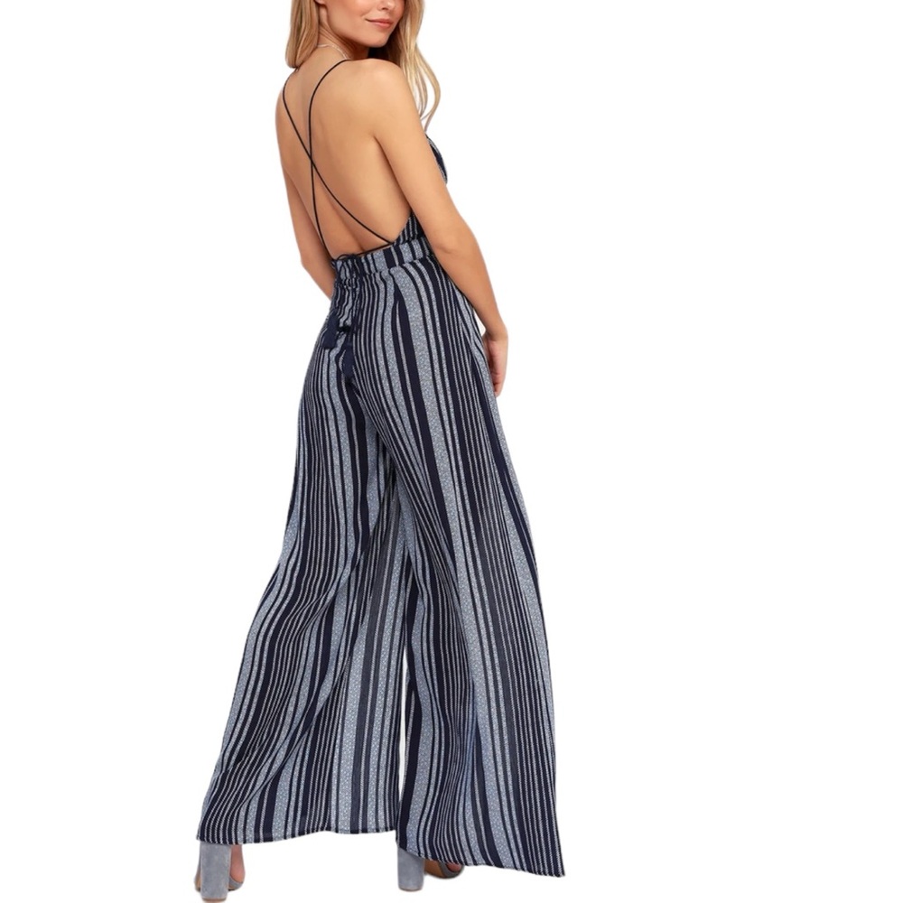 Lulus Suncrest Navy Blue Striped Backless Wide Leg Jumpsuit Large